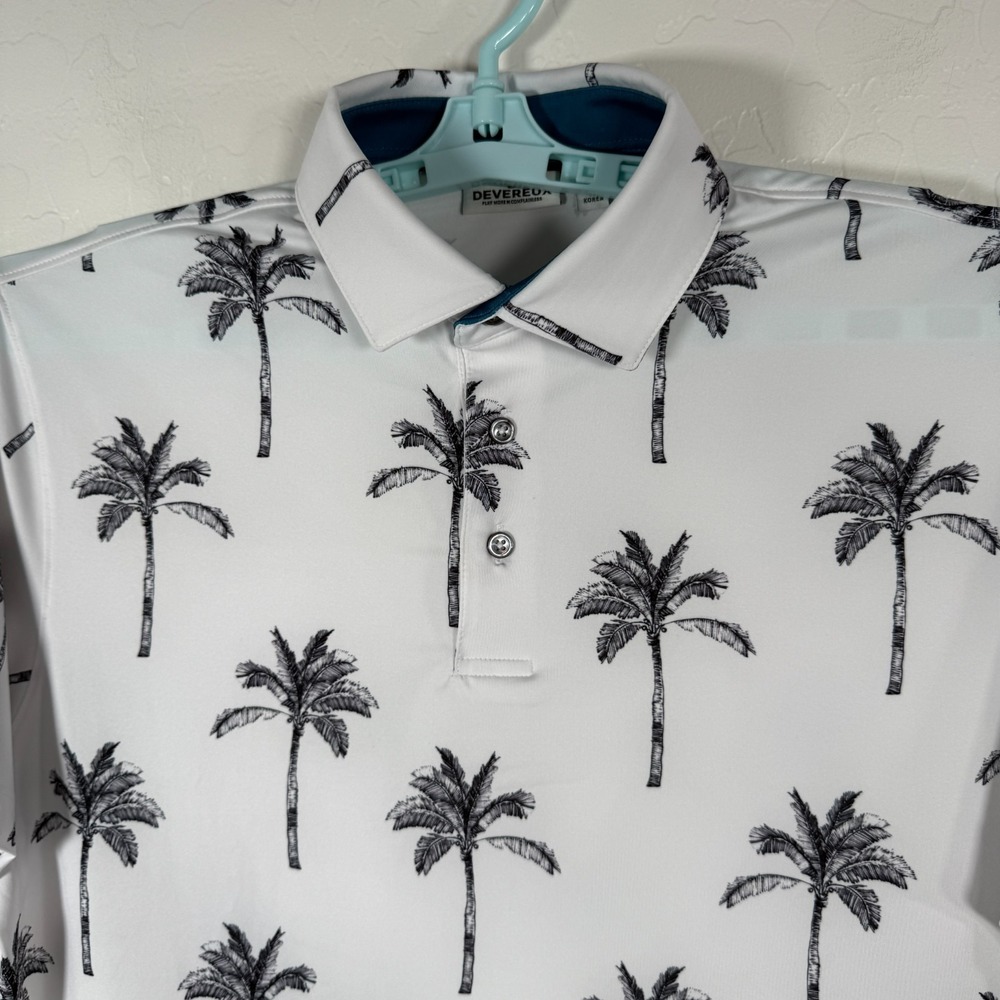 Devereux Polo‎ Shirt Mens Small White Blue Golf Performance Stretch Palms AOP